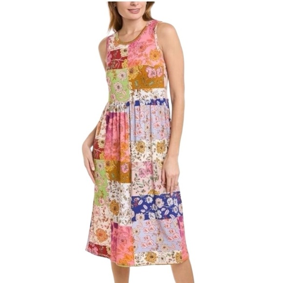 Johnny Was Cosmo Easy Fit Tea Length Patchwork Bamboo Midi Dress Women Large - Picture 2 of 16